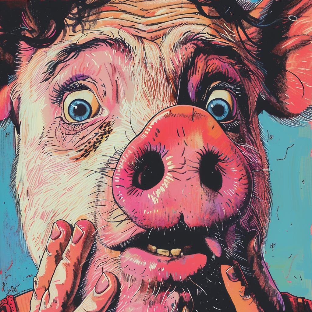 pig  disgust  painting  VHS  cover  art  eyes  blue  character  expression 1029189