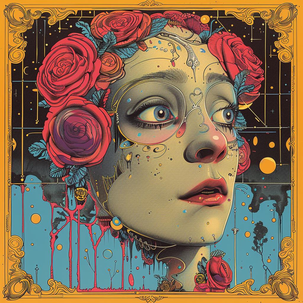 طباعة حجرية ملونة، امرأة، جمجمة، ورود، فن، رسم توضيحي، تصميم، صورة، صورة داكنة، بصرية 1036034