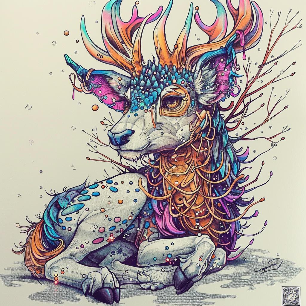 mythical  creature  hybrid  deer  antlers  feathers  vibrant  nature  fantasy  unique 941351