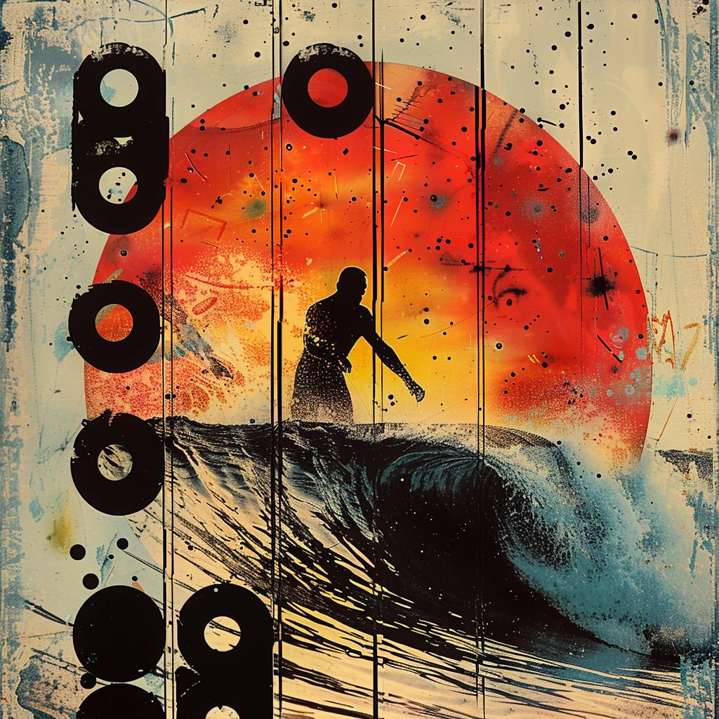 surfboard  sunset  photographic  collage  silhouettes  surfers  vibrant  color  Rodchenko  beach 952219