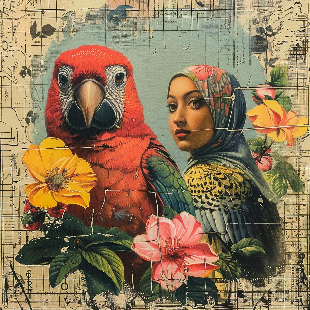 woman  parrot  painting  chromolithography  art  colorful  nature  fantasy  whimsical  expressive 1015653
