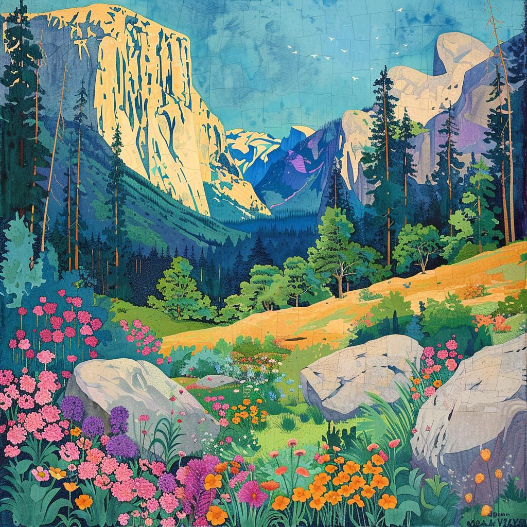 yosemite  painting  mountains  flowers  landscape  nature  colorful  art  whimsical  scenic 938655