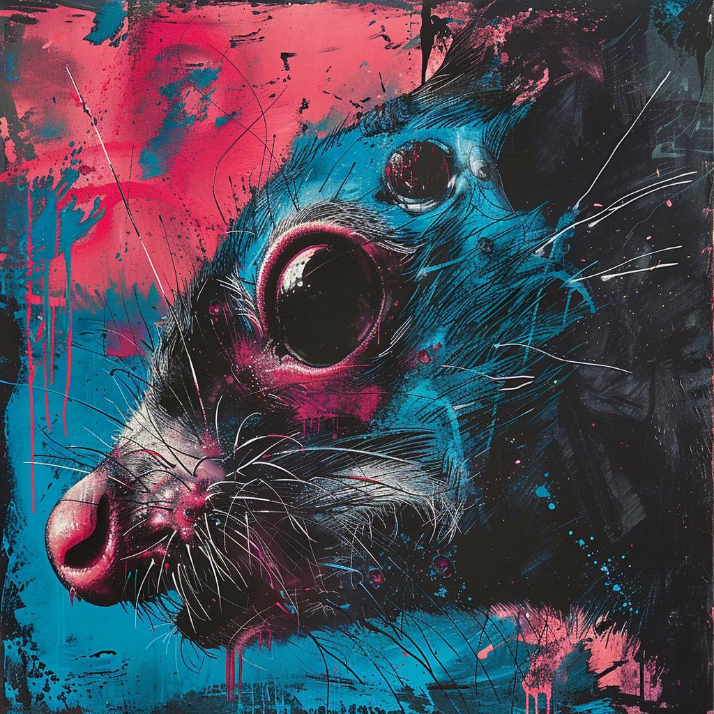 albumcover  surreal  hyperrealistic  screenprinting  streetart  ROA  rat  blue  pink  painting 960086