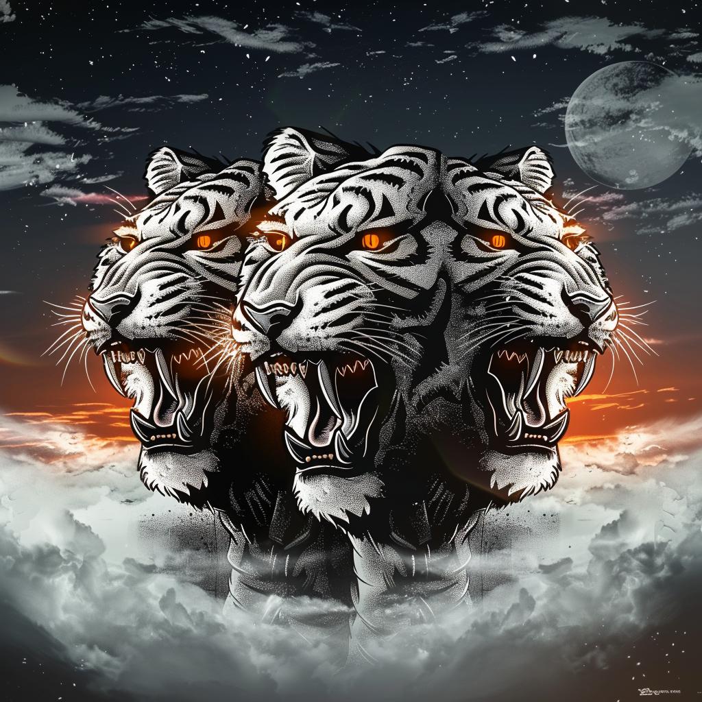 three  headed  tiger  creature  sky  moon  stars  black  background  fantasy 1033057