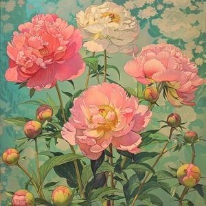 peonies  whimsical  Henri  Privat-Livemont  painting  flowers  blue  nature  colorful  art 1047498