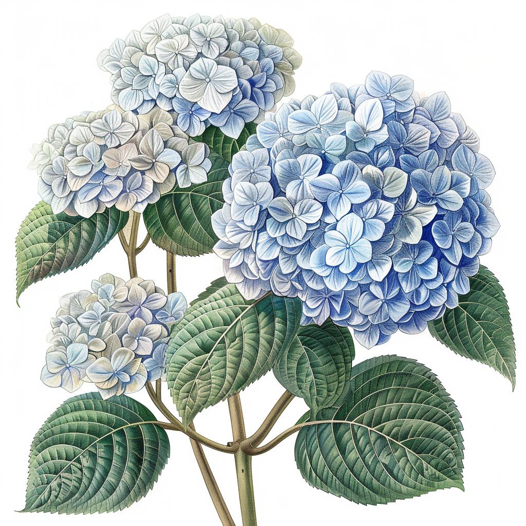 illustration  hydrangeas  blue  flower  leaves  white  background  botanical  art  Codex 971497