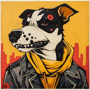 dog  criminal  jacket  scarf  playful  colorful  whimsical  animal  portrait  painting 1071239