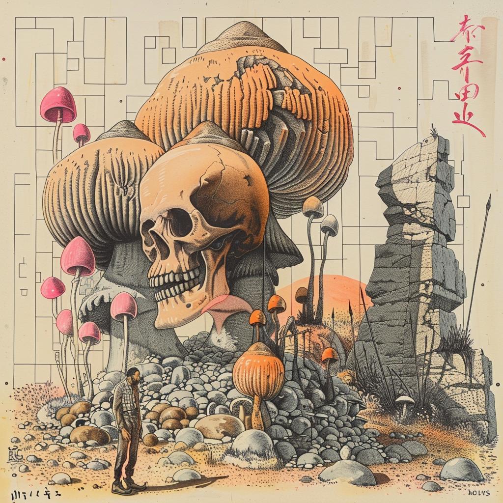 poster  skull  mushrooms  flowers  plants  spores  intertwined  villagers  silhouette  Japanese 1036267