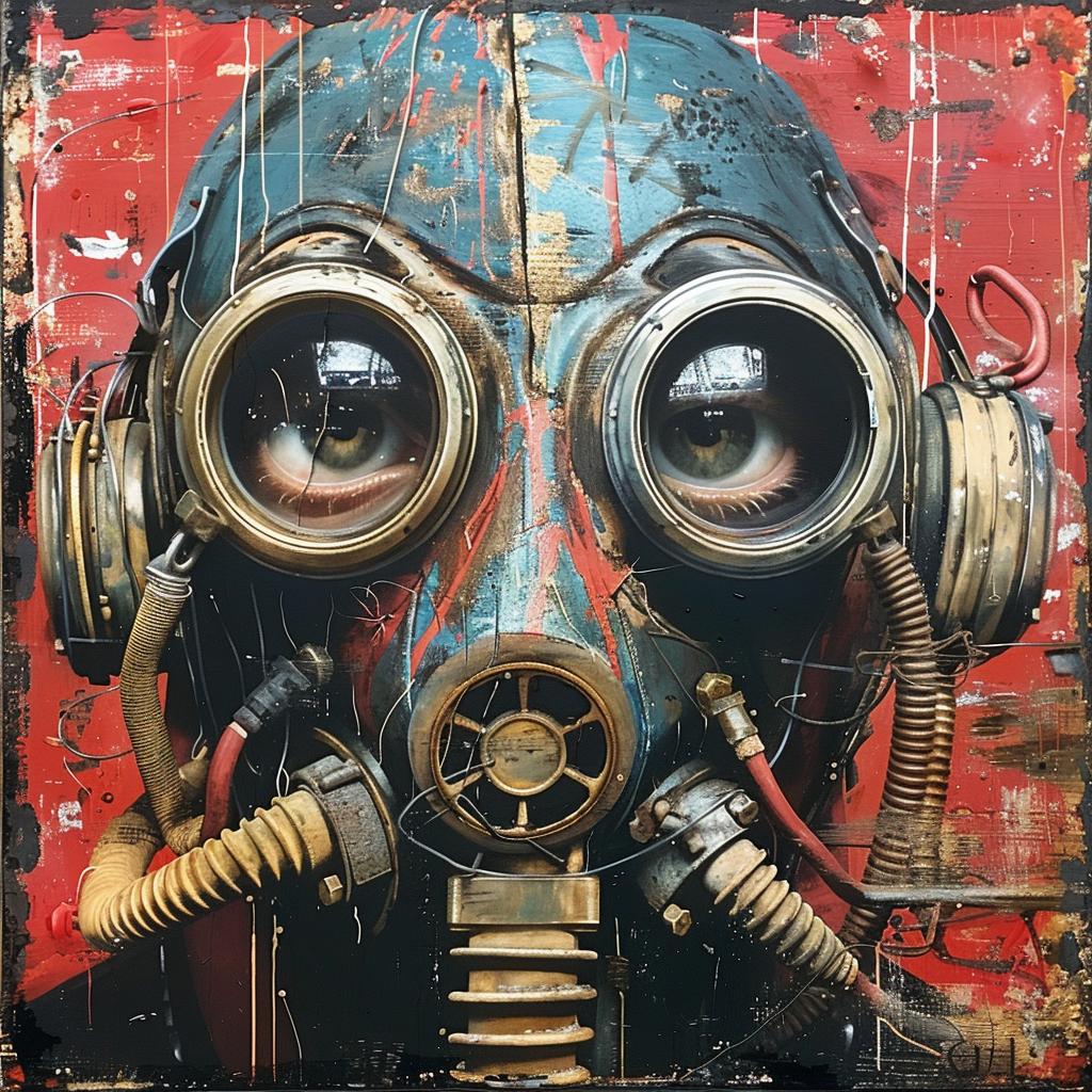 surreal  album  cover  hyper-realistic  screenprinting  gasmask  futuristic  encaustic  Aida  Akers 959945