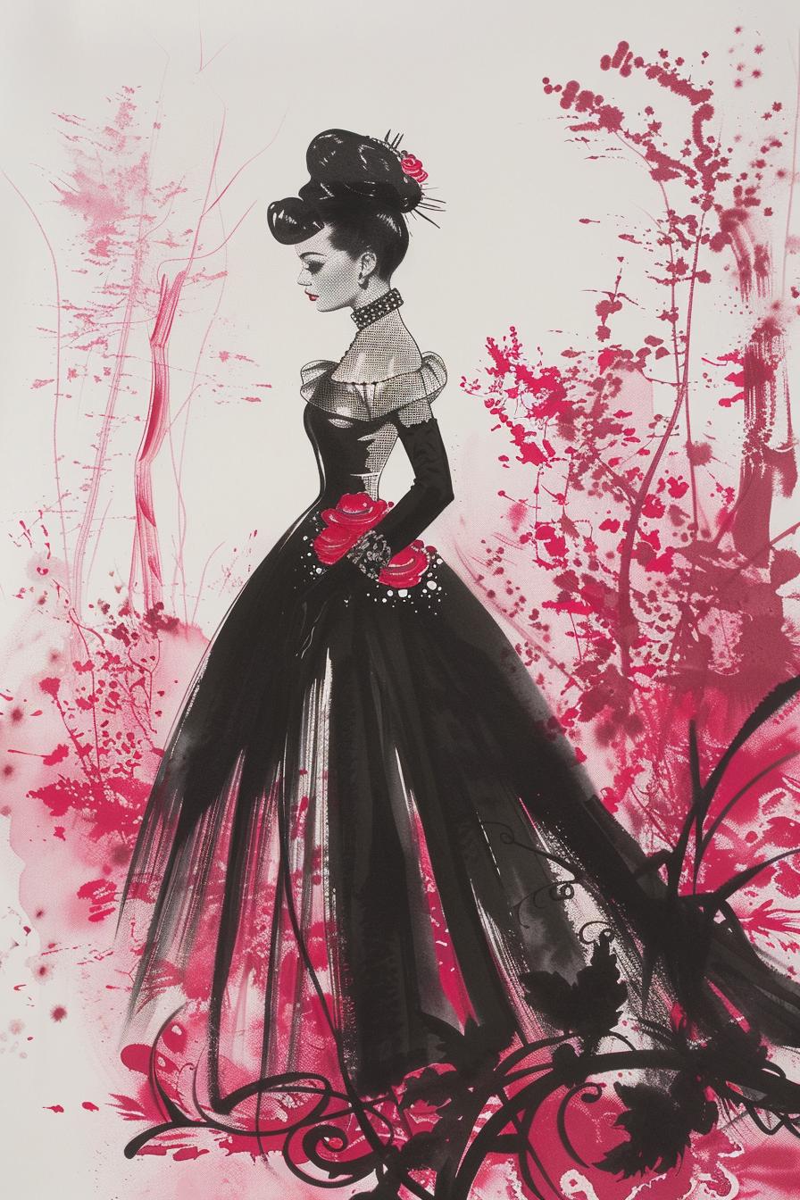 fashion  illustration  watercolor  1950s  elegant  dress  classic  female  stylish  sophisticated 953656