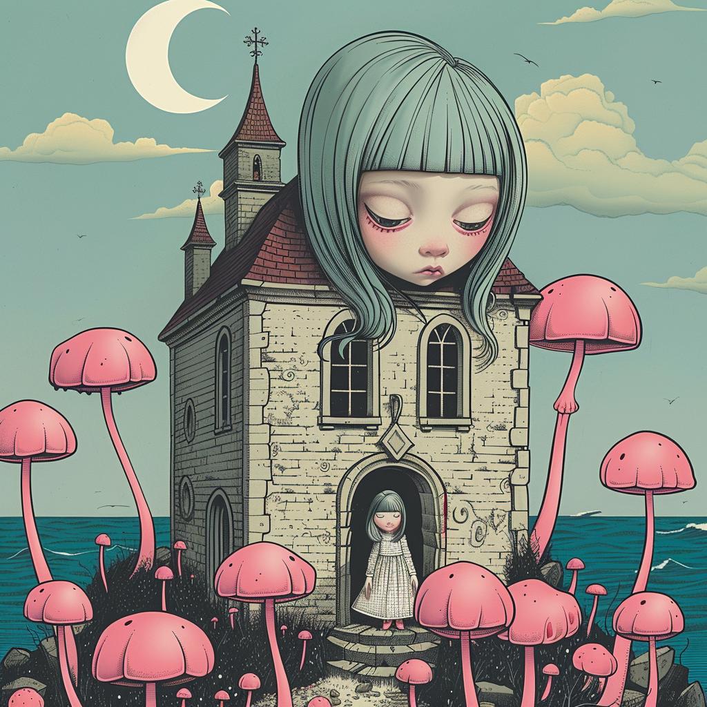 girl  blue  hair  mushrooms  house  fantasy  whimsy  artistic  naturalistic  occult 924778