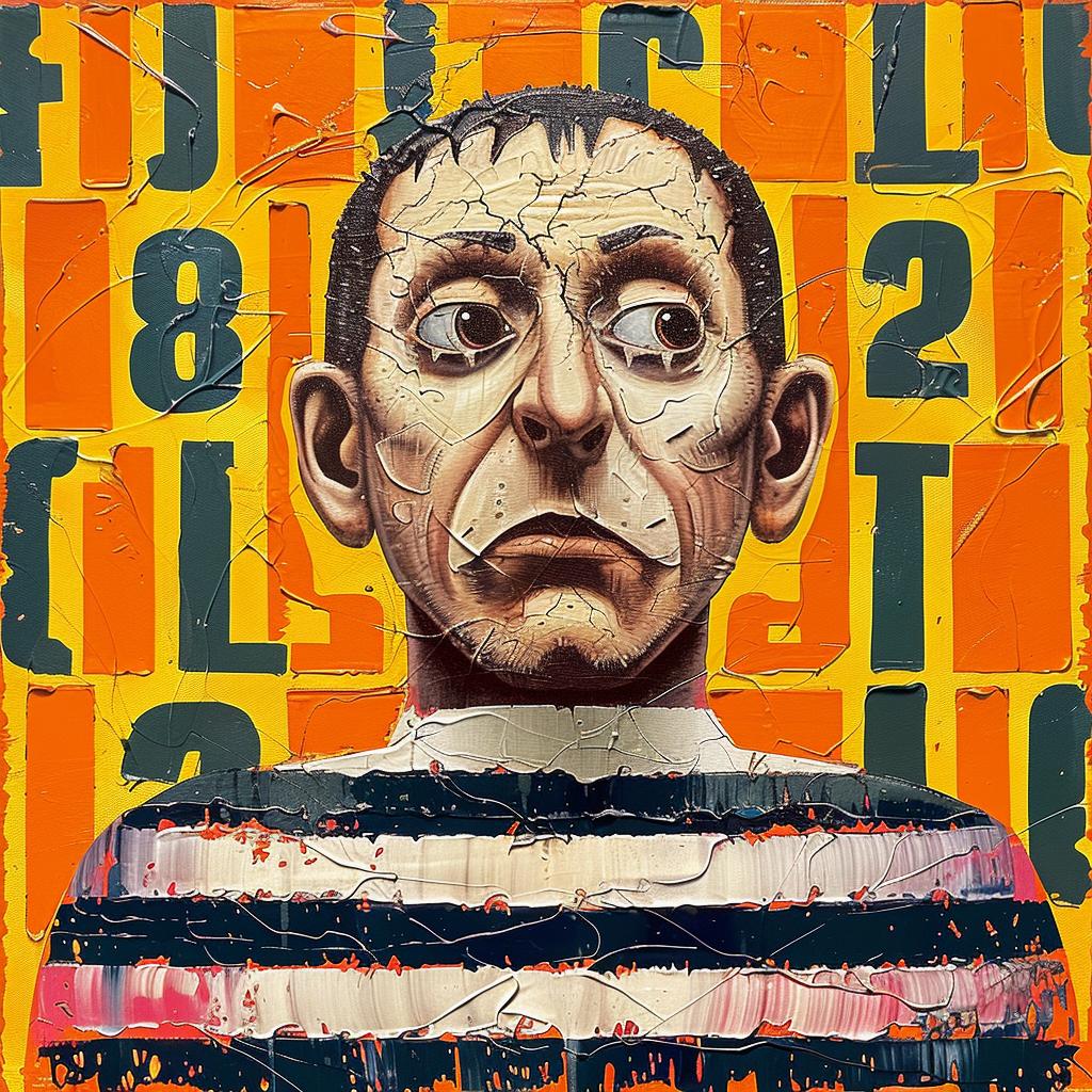 man  striped  face  encaustic  paint  impasto  quirky  humor  colorful  portrait 950371