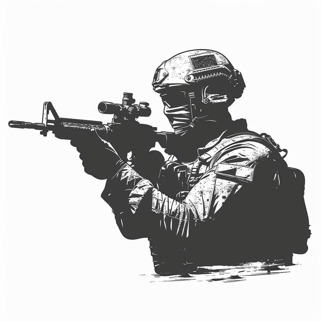 silhouette  soldier  modern  vintage  gun  icon  linocut  black  white  illustration 952046