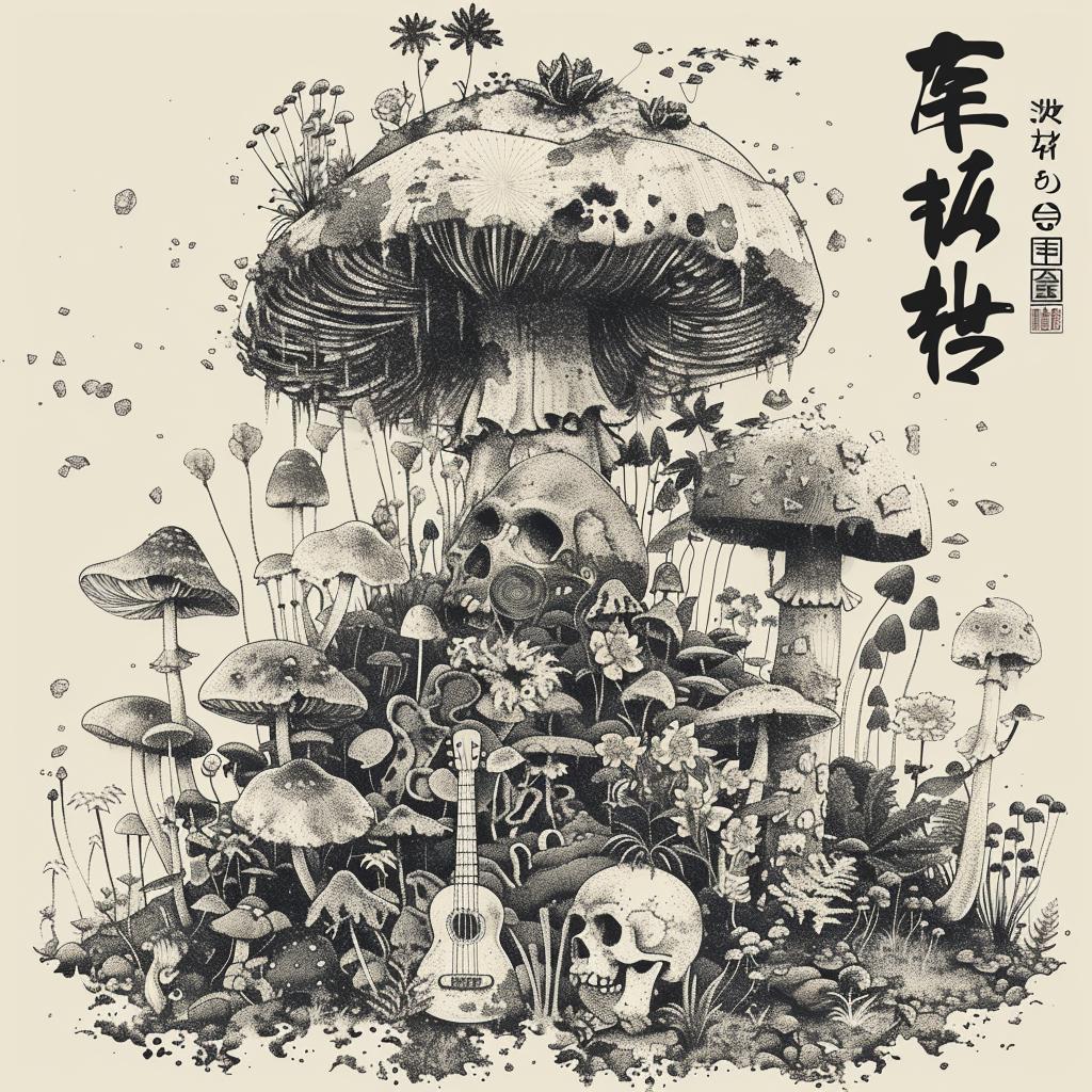 mushrooms  skull  drawing  black  white  art  illustration  intertwined  flowers  cluster 1036310