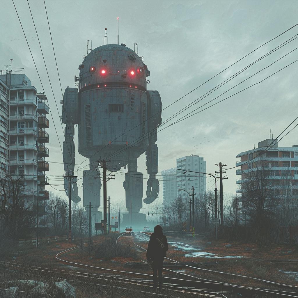 man  walking  railroad  robot  surreal  hyper-realistic  urban  track  cover  art 960267