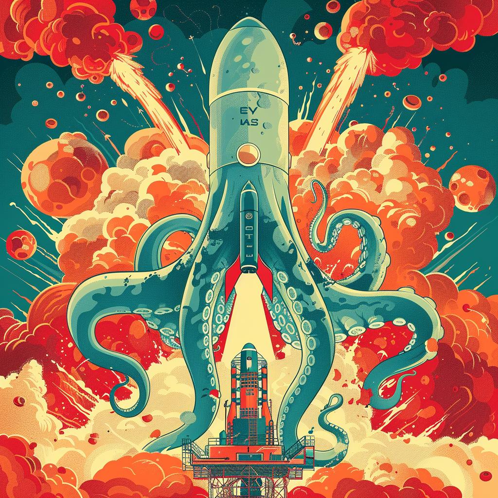 graphic  illustration  octopus  rocket  explosion  colorful  fantasy  vibrant  whimsical  surreal 1018186
