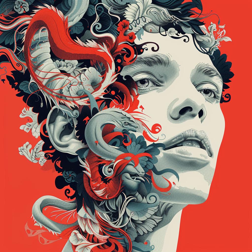 surreal  album  cover  man  dragon  face  art  hyper-realistic  screenprinting  creative 960368