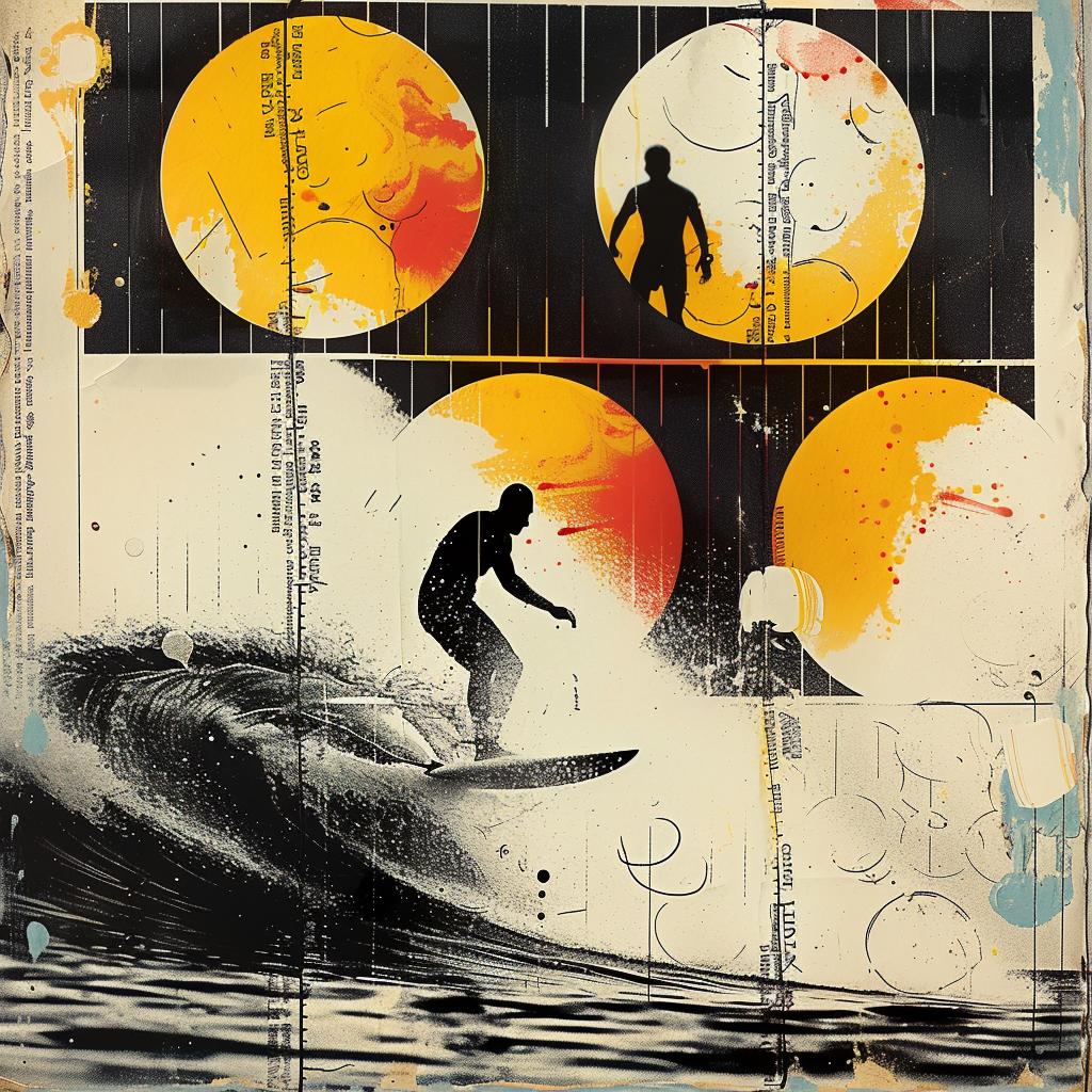 photographic  collage  silhouettes  surfers  beach  vibrant  colorful  wave  action  art 952202