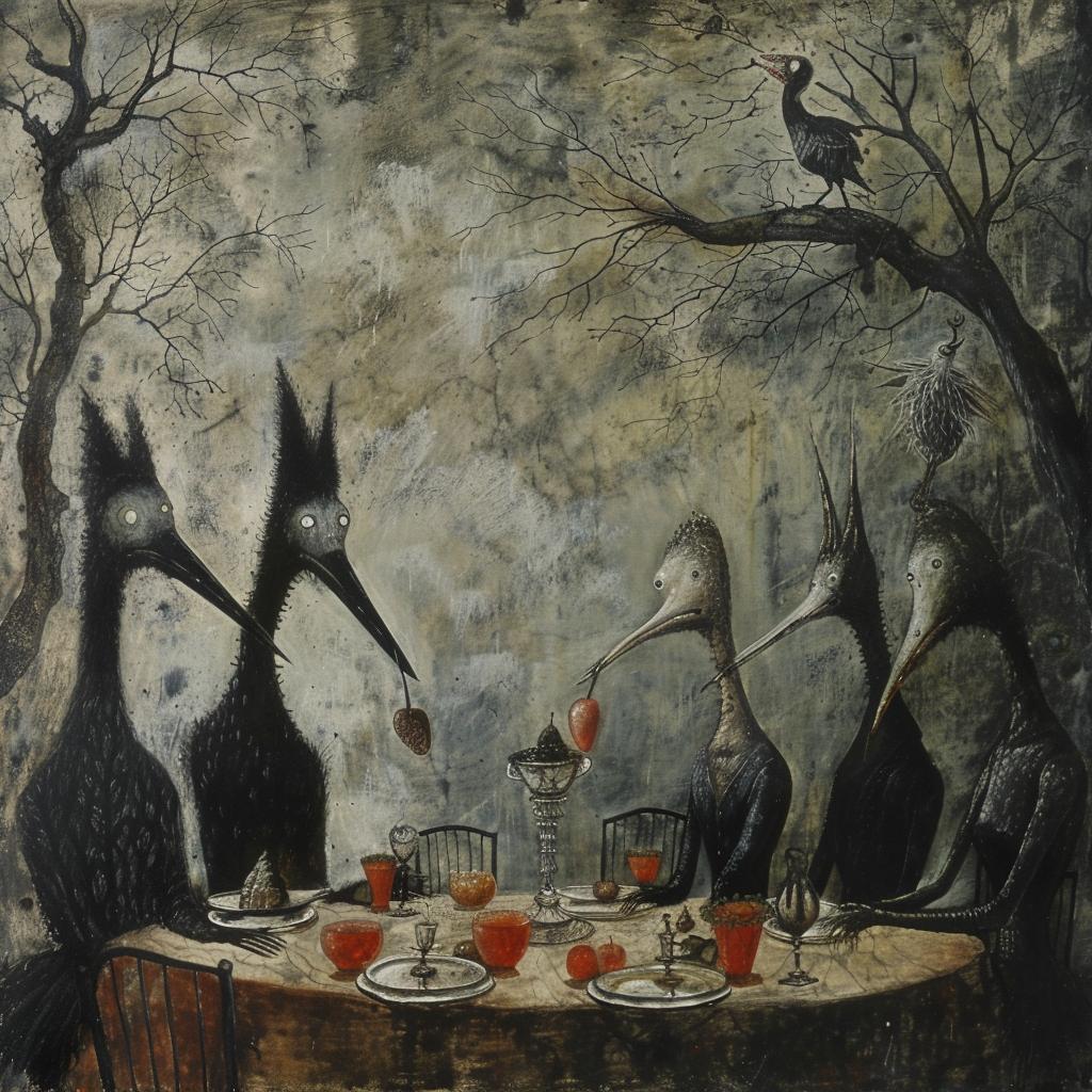 horror  surreal  birds  tea  table  eerie  dreamlike  symbolism  family  whimsical 1021754