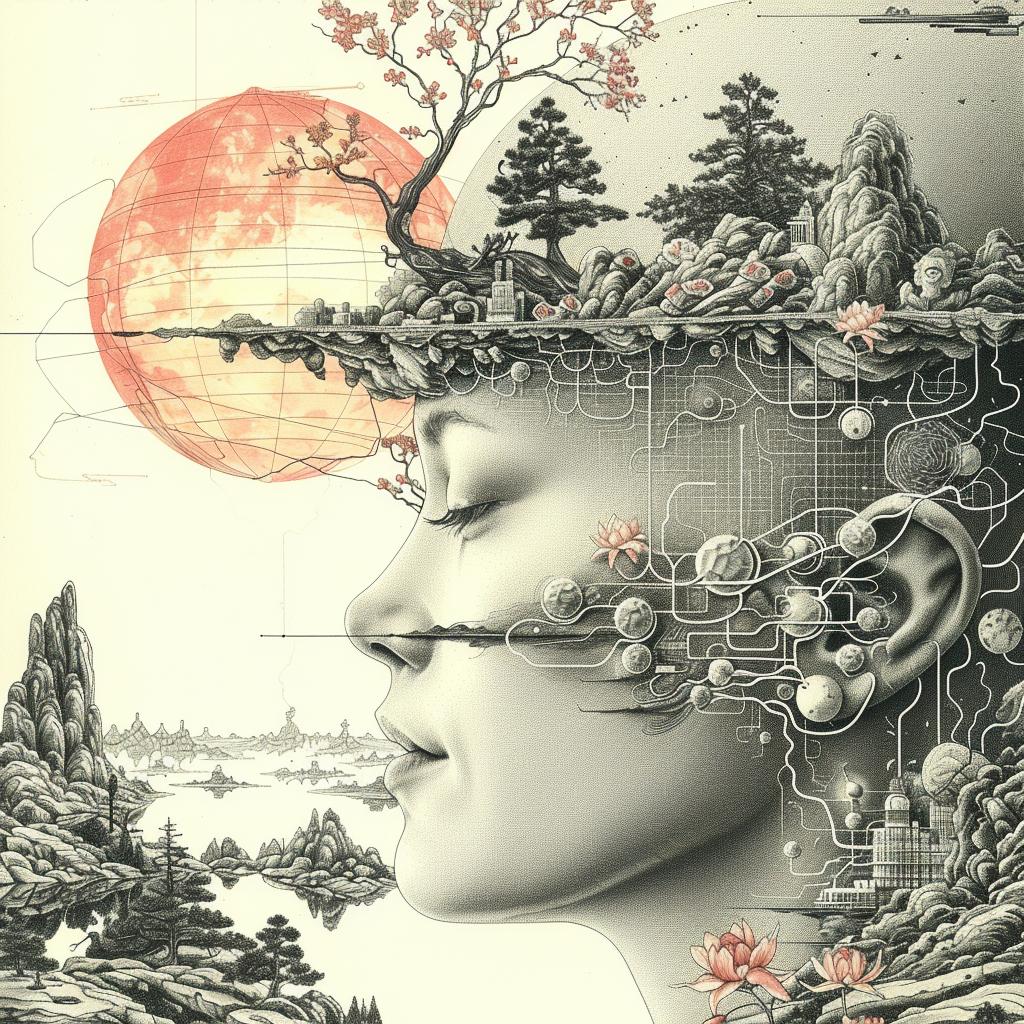 رمز فن إبداعي لامرأة وشجرة وشمس من موسيقى أوكييو-إي بنمط سينث ويف البسيط 916261