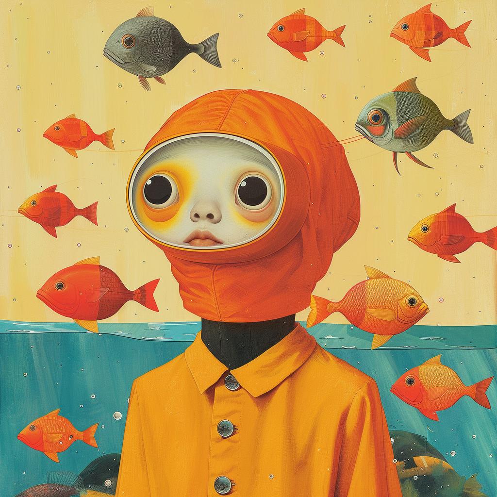 surreal  album  fishface  boy  orange  suit  creative  whimsical  art  colorful 1017848