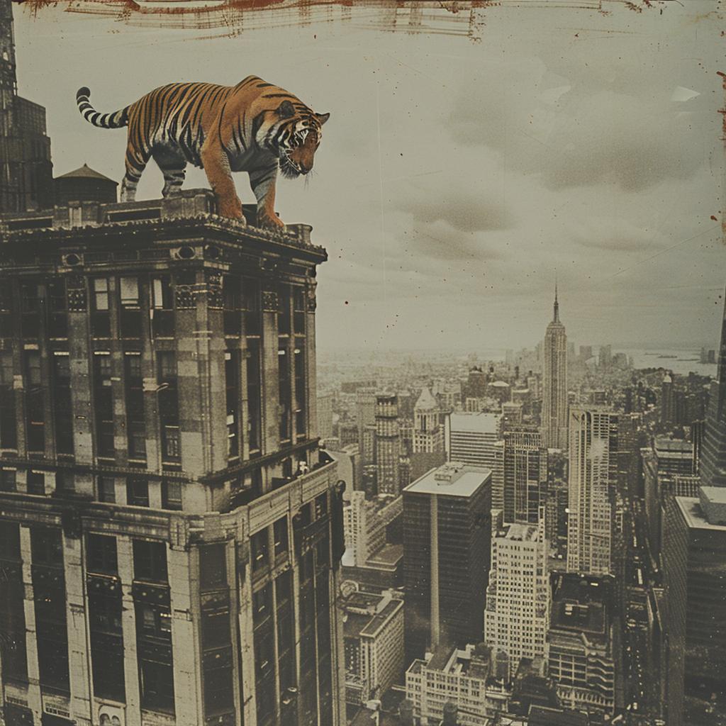 surreal  collage  tiger  building  NYC  highcontrast  urban  vivid  imaginative  bold 970339