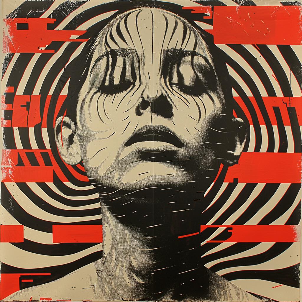 surreal  album  cover  hyper-realistic  screenprinting  BARRY  MCGEE  woman  red  stripes 960244