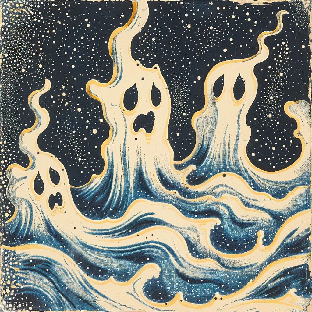 album  cover  ghost  painting  ocean  floating  art  blue  cream  stylized 917413