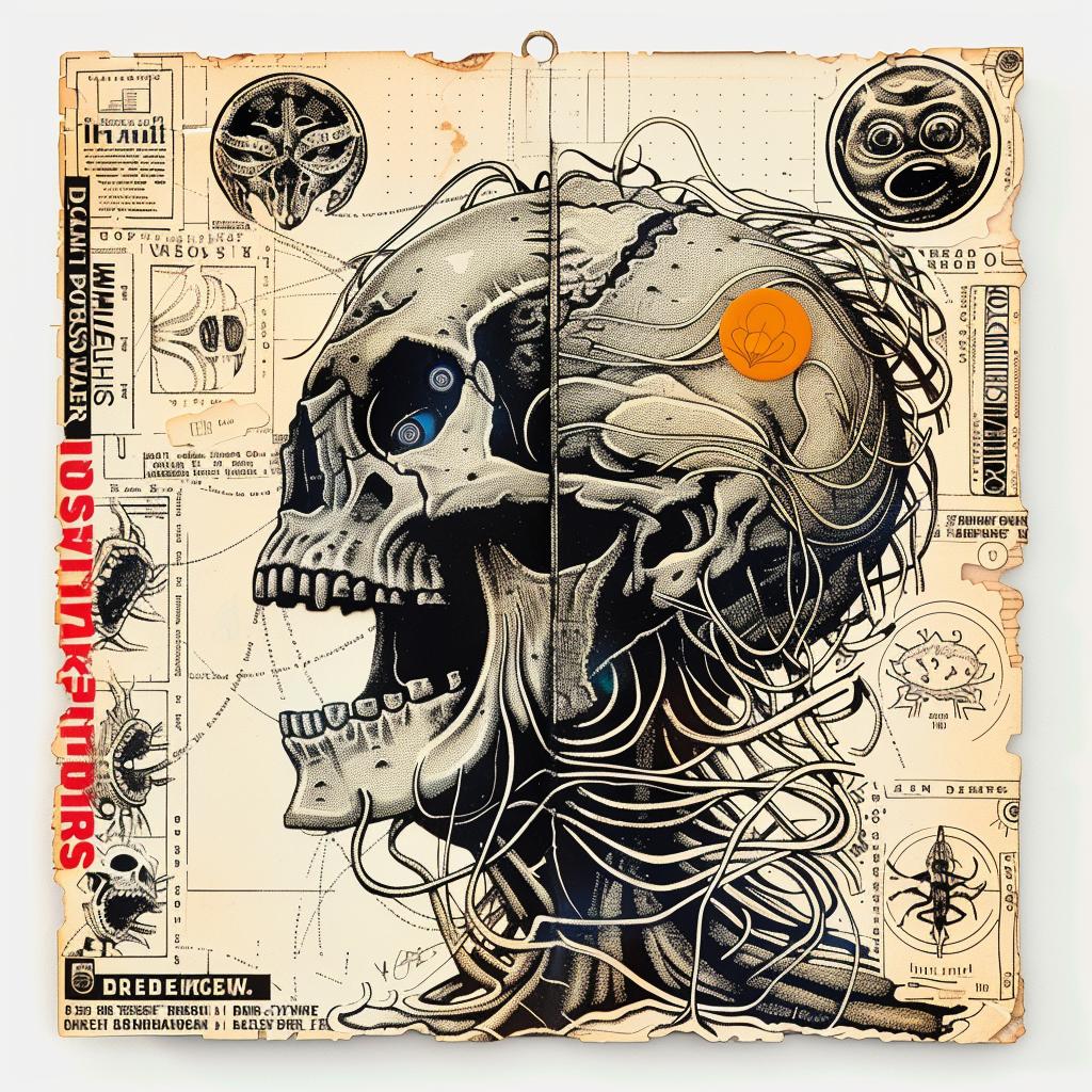skull  face  newspaper  dark  serious  conceptual  surreal  detailed  mixed-media  modern 1015538