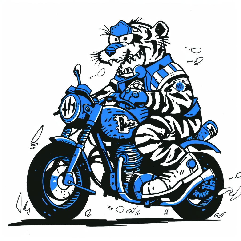 tiger  motorcycle  blue  white  stripes  animal  cartoon  fun  action  illustration 1025488