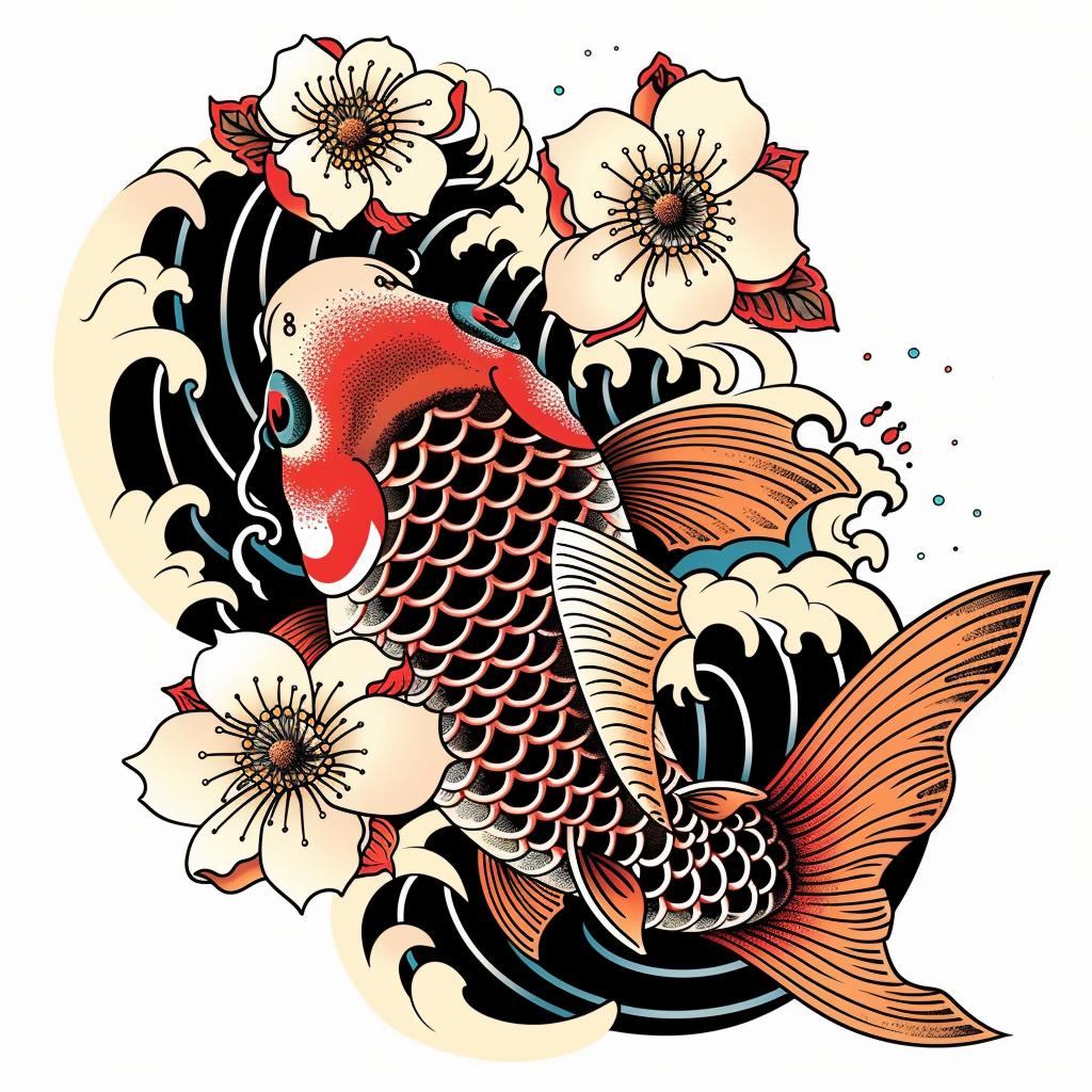 halftone  dots  traditional  koi  fish  flowers  vintage  bold  lines  tattoo 1018381