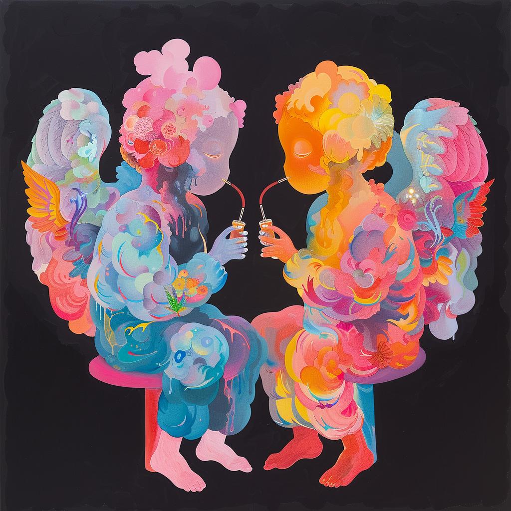 abstract  gouache  angels  tattoos  neon  joyful  optimistic  colorful  smoking  bong 1029281