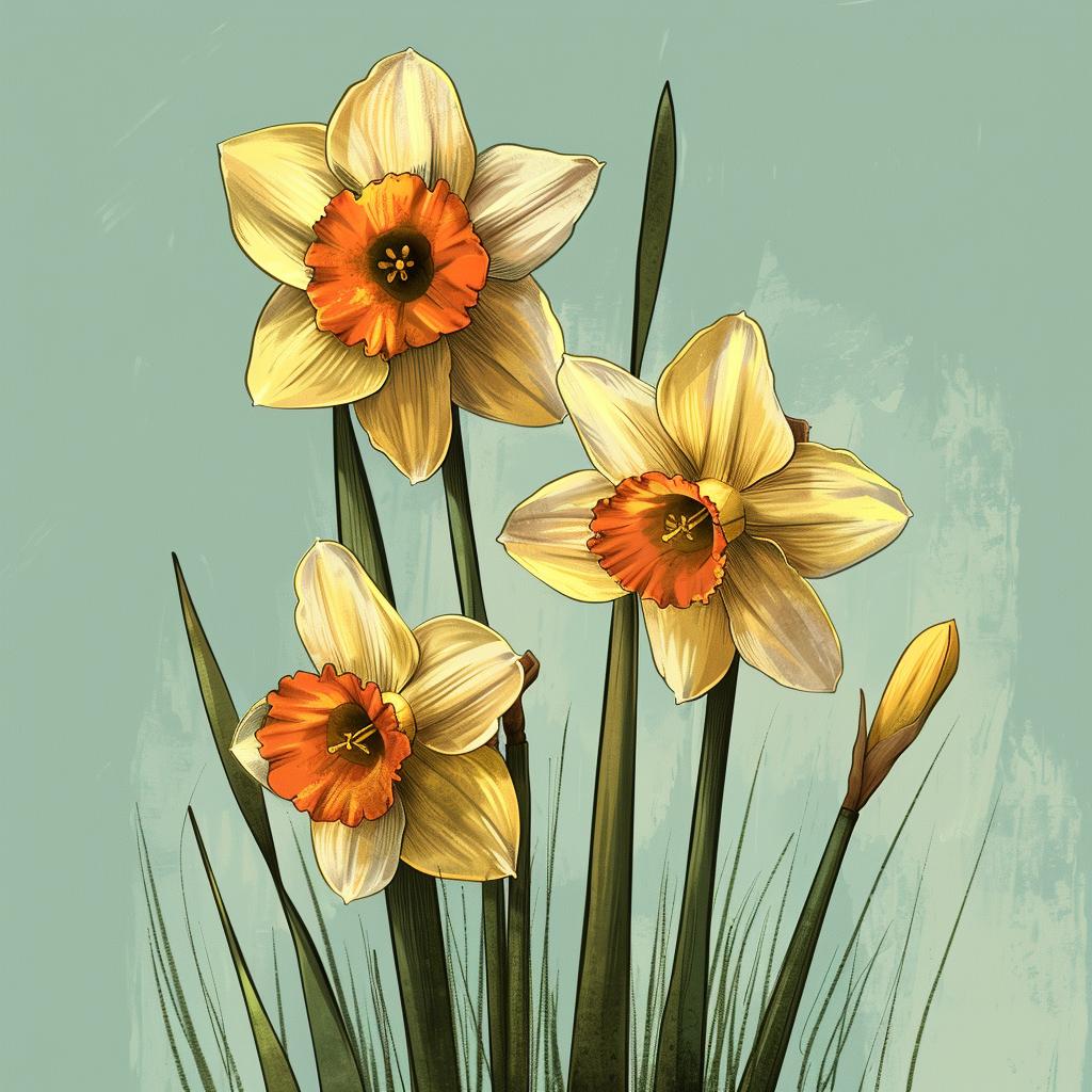 daffodils  flowers  illustration  botanical  painting  nature  colorful  realistic  stilllife  blue 971591