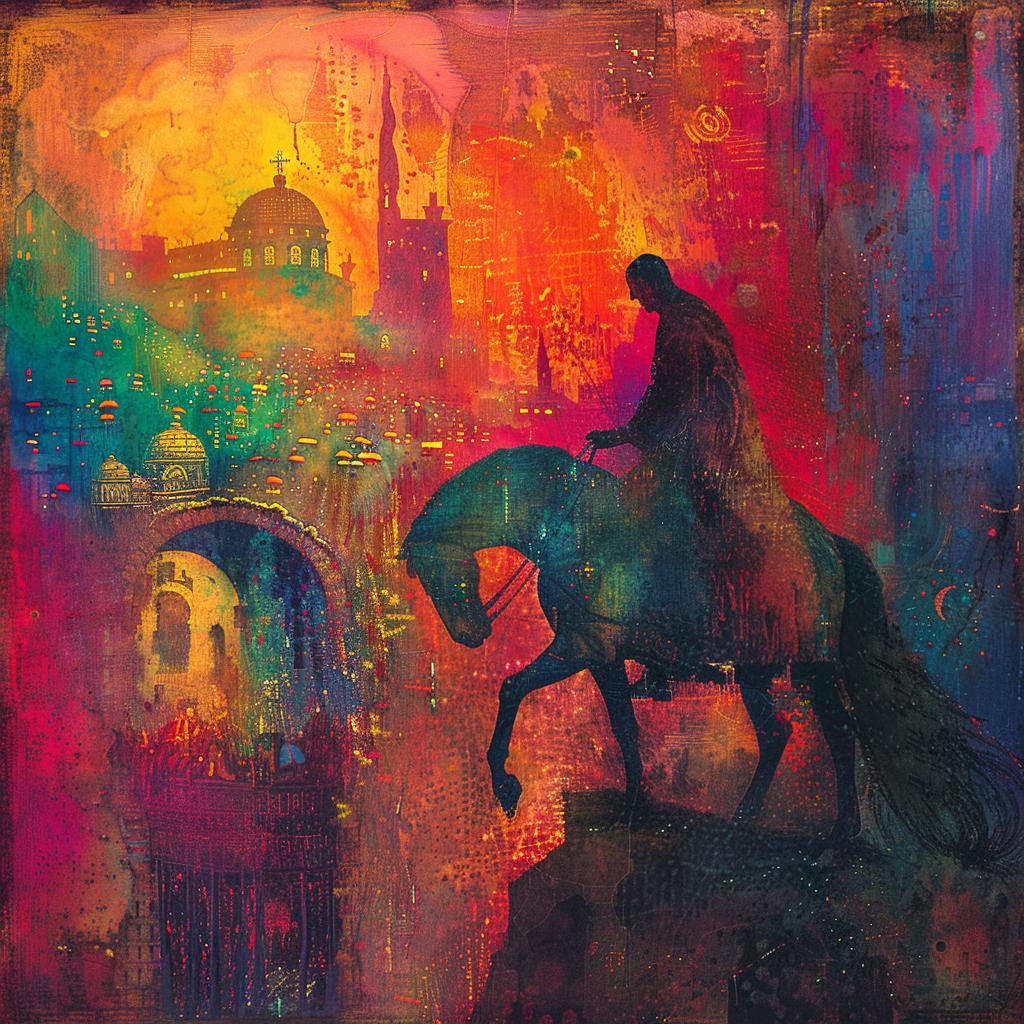 Odysseus  horseback  colorful  city  energy  Greek  arena  painting  vibrant  music 1025255