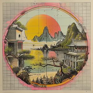 vintage  poster  Chinese  landscape  sun  painting  unexpected  art  design  nature 1036601