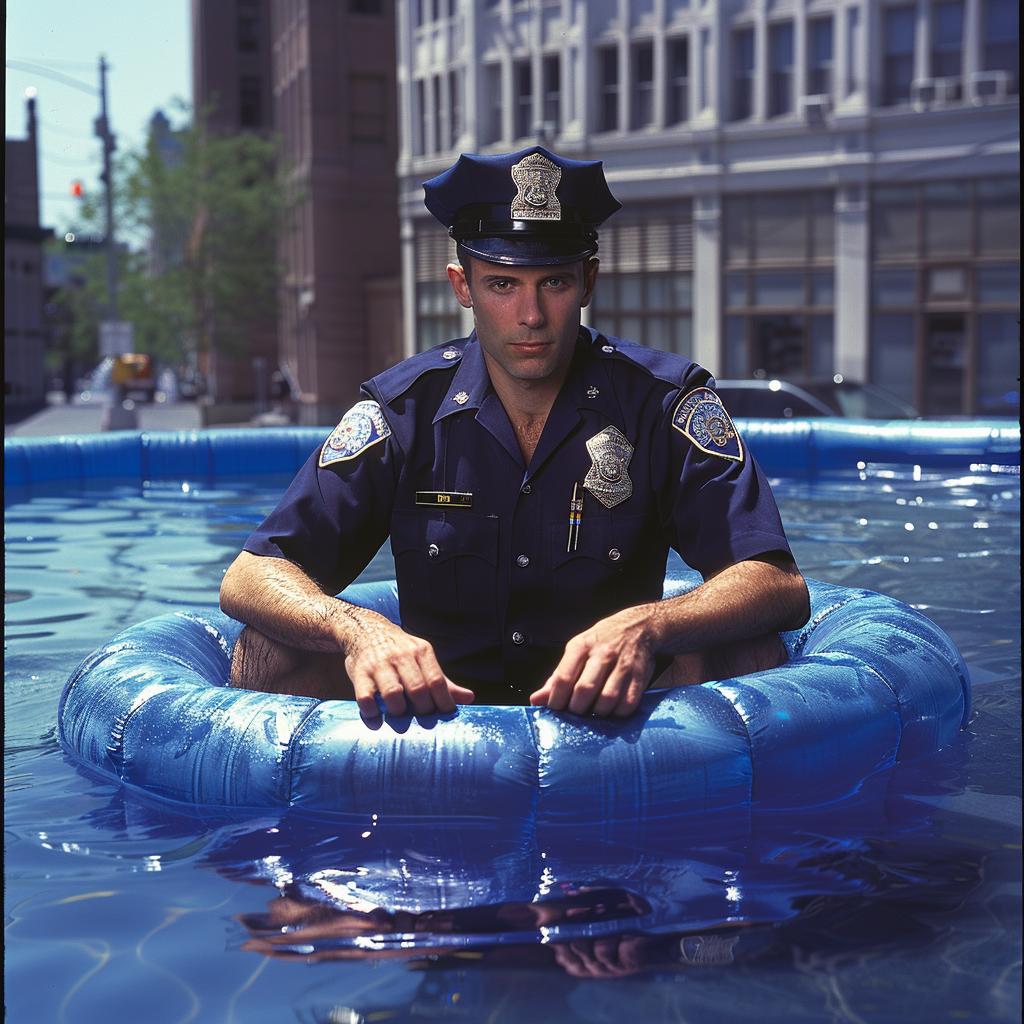 policeman  wading  pool  officer  fun  inflatable  water  relaxation  humor  scene 1023526