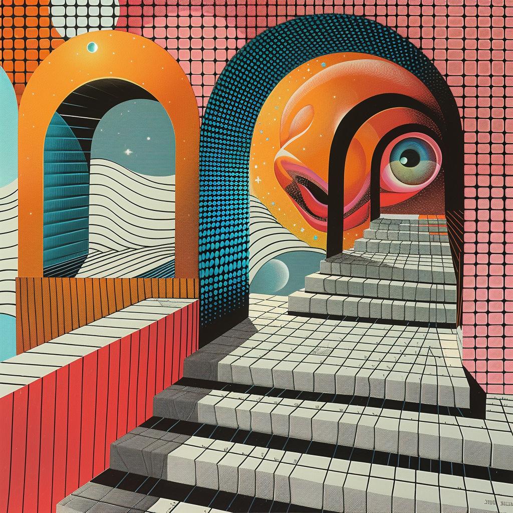surreal  album  cover  hyper-realistic  screenprinting  painting  colorful  staircase  fish  middle 960492