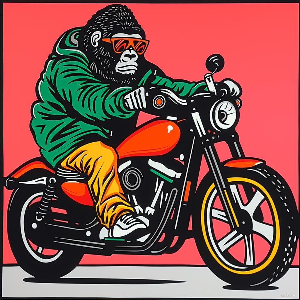 gorilla  motorcycle  painting  wildlife  action  stylized  ride  illustration  fun  adventure 1024347