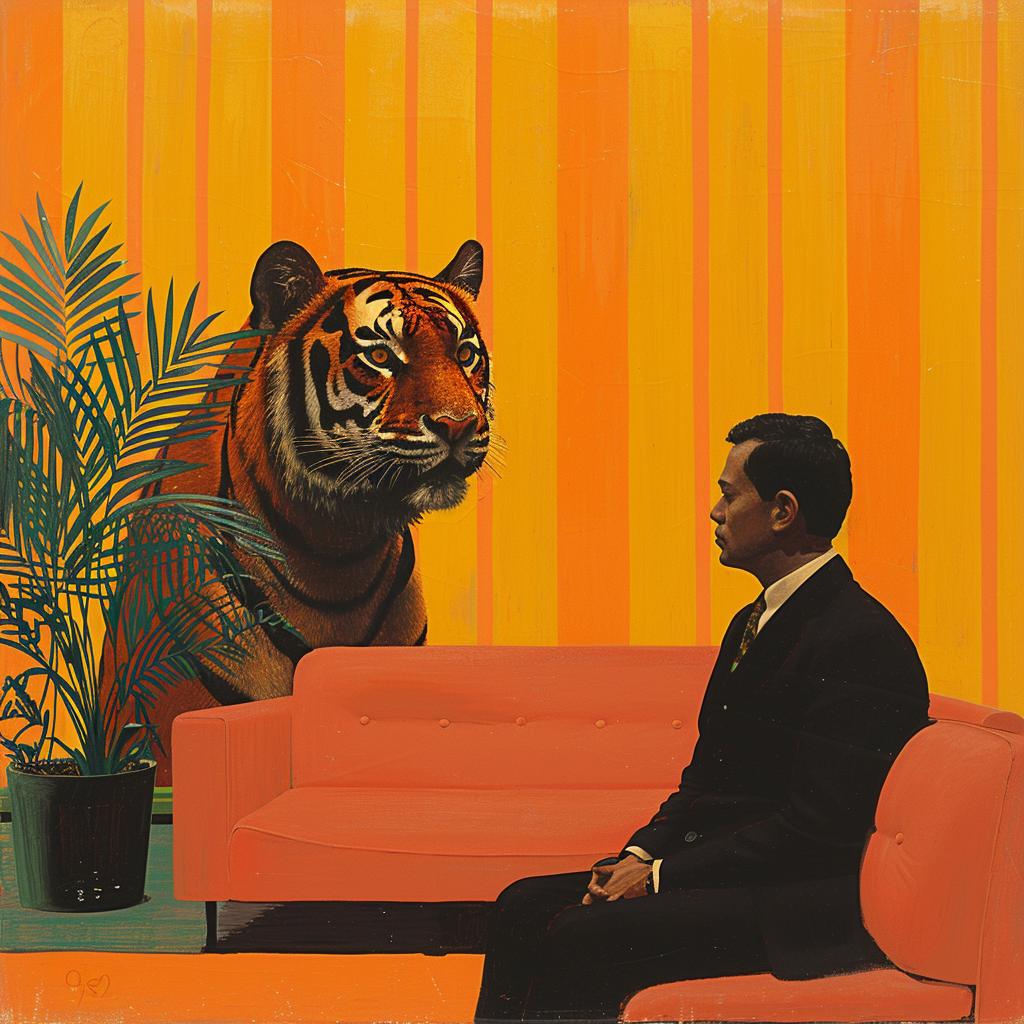 surreal  tiger  therapy  man  couch  background  Joan  Cornella  album  cover 1017683