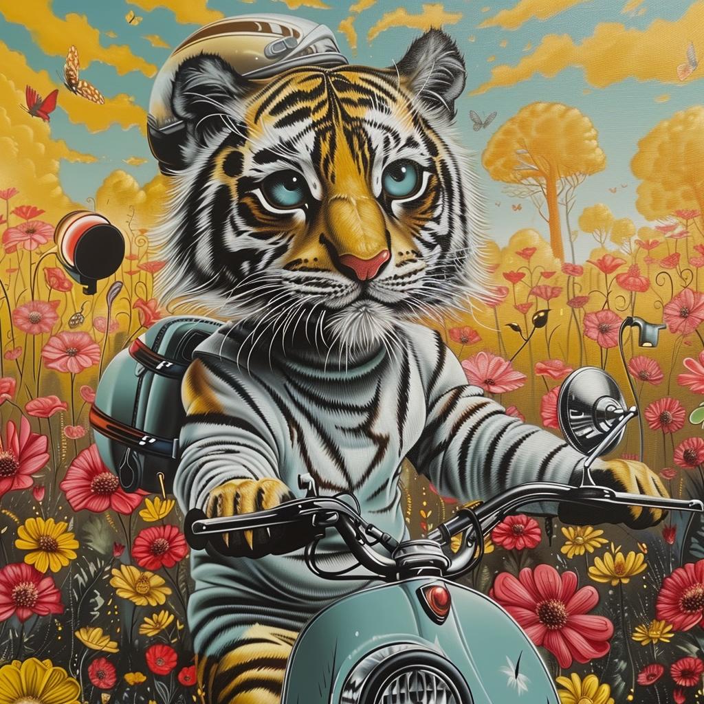 tiger  moped  motorcycle  flowers  playful  whimsical  illustration  cartoon  colorful  fun 1028520