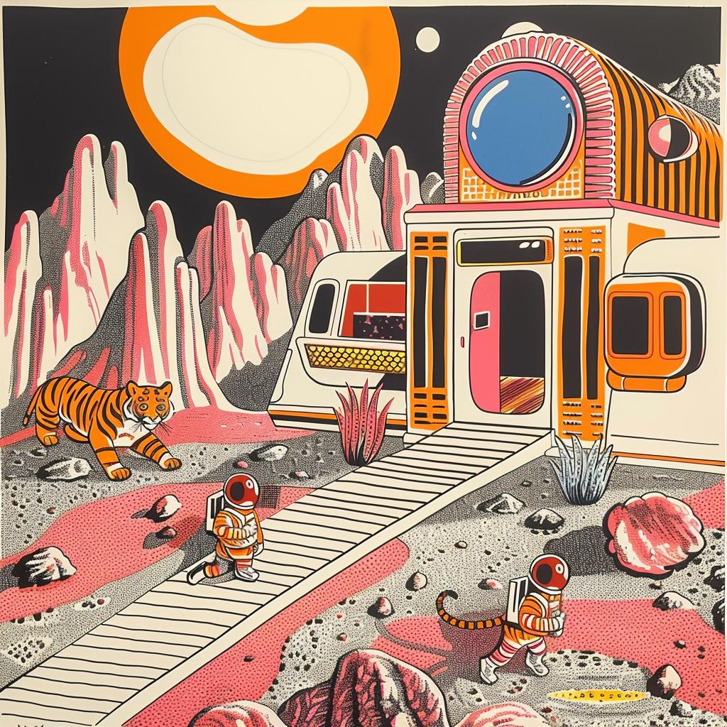 mars  tigers  spacesuits  poster  astronaut  fantasy  cactus  house  sci-fi  whimsical 959696