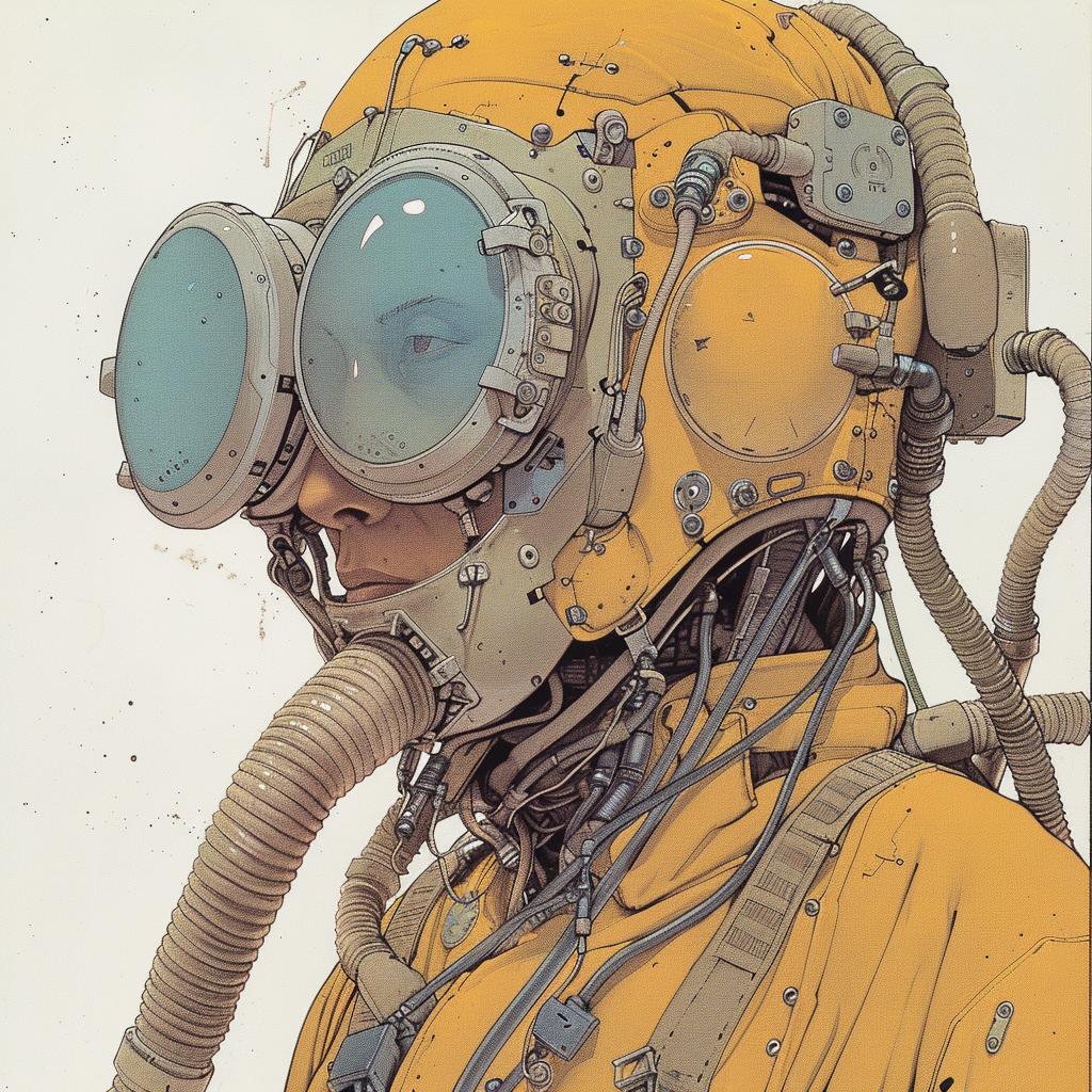 man  gasmasks  surreal  Moebius  yellow  suit  experimental  dystopian  mixed-media  portrait 967425