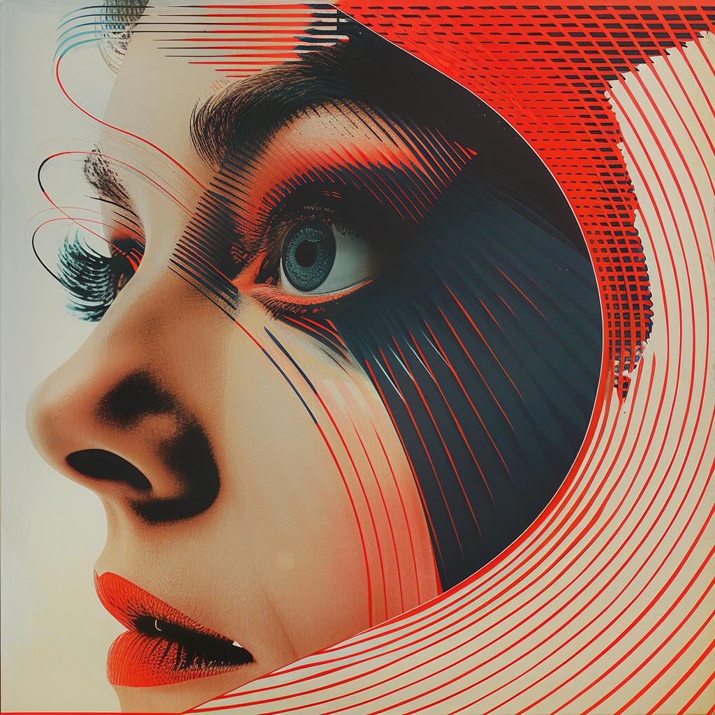 surreal  face  red  black  lines  art  Erik Nitsche  hyper-realistic  screenprinting  visual 960508