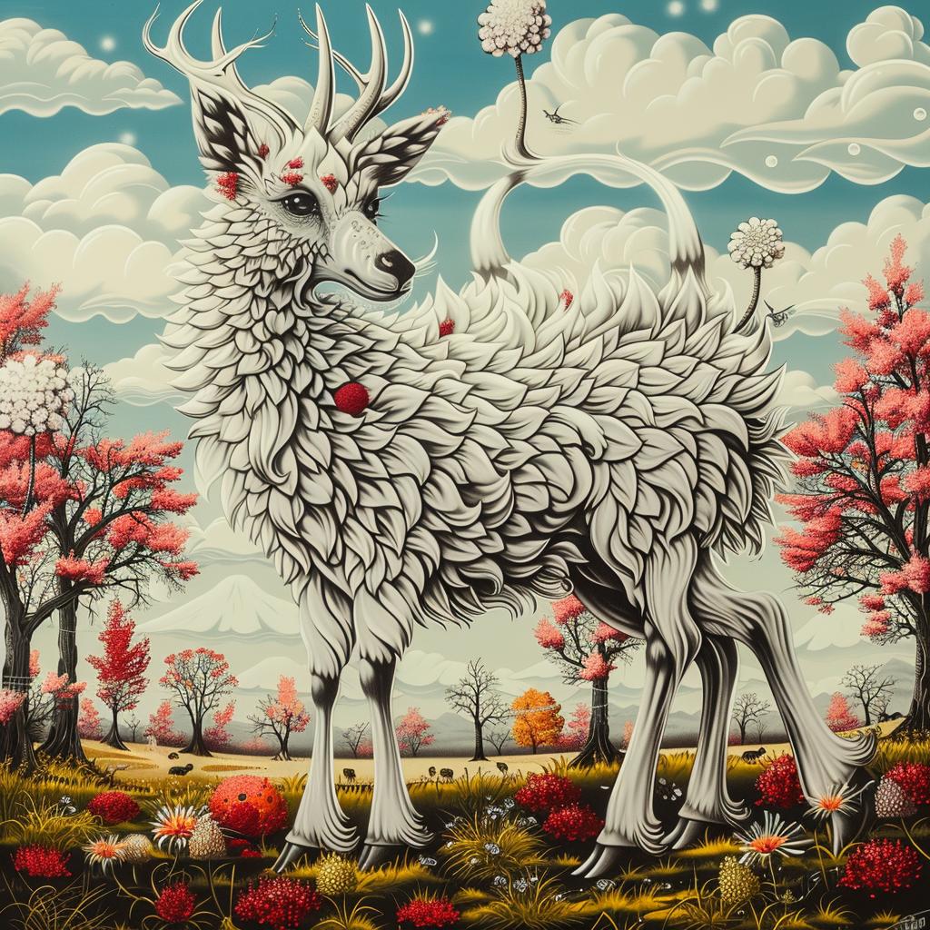mythical  creature  hybrid  deer  flowers  trees  fantasy  nature  vibrant  whimsical 941370