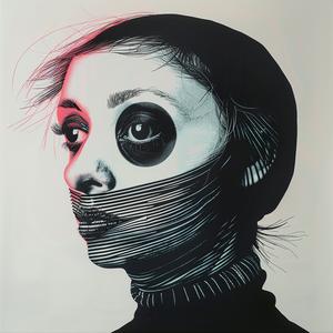 امرأة ذات وجه أسود ووجه أحمر، لوحة فنية تجريبية، أسلوب تصويري ريزوغرافي بسيط، 1072357