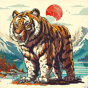 tiger  mountain  lake  nature  wildlife  chromolithography  landscape  realistic  vibrant  animal 1048457