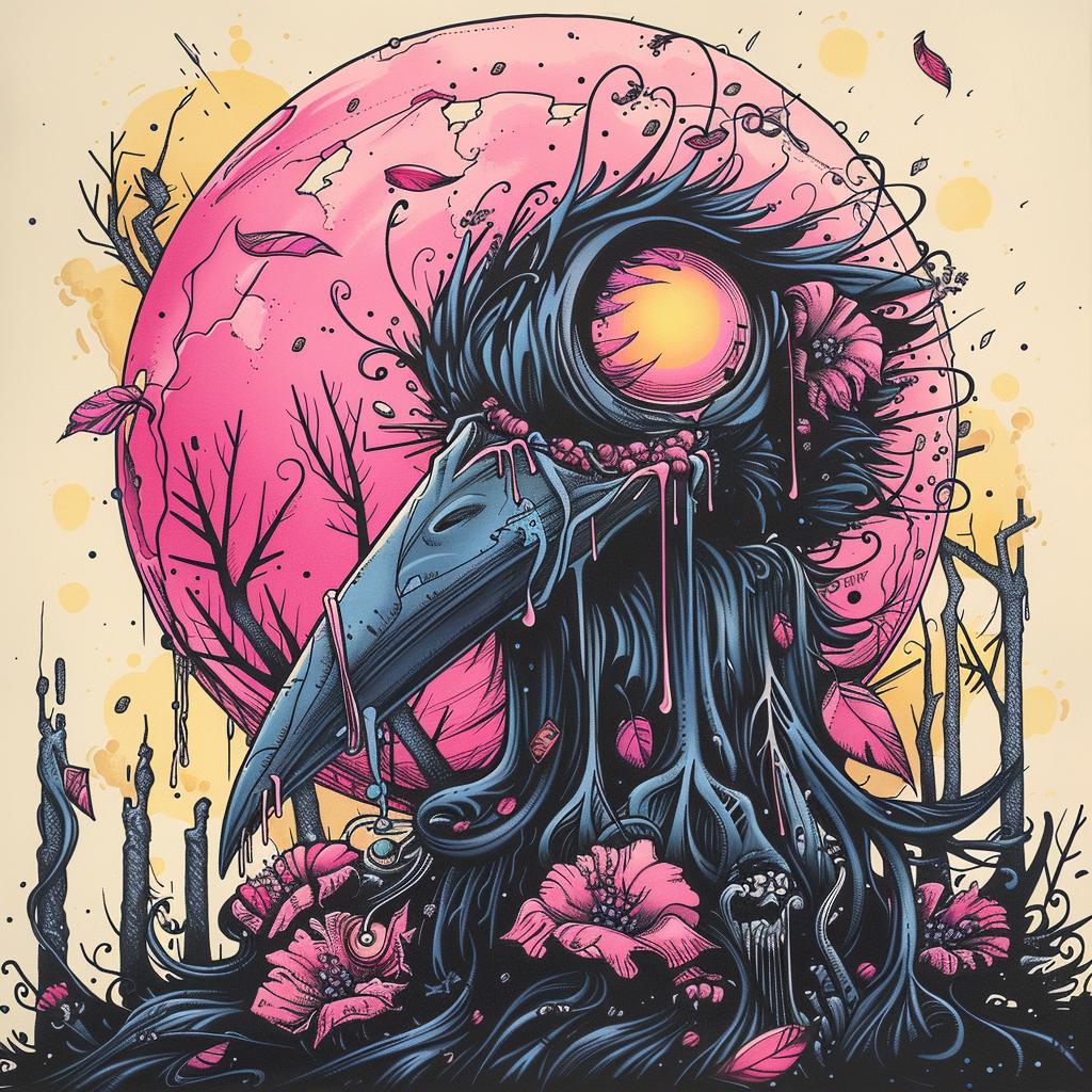 crow  moon  pink  background  naturalistic  occult  spiritual  terror  art  Dan 925188