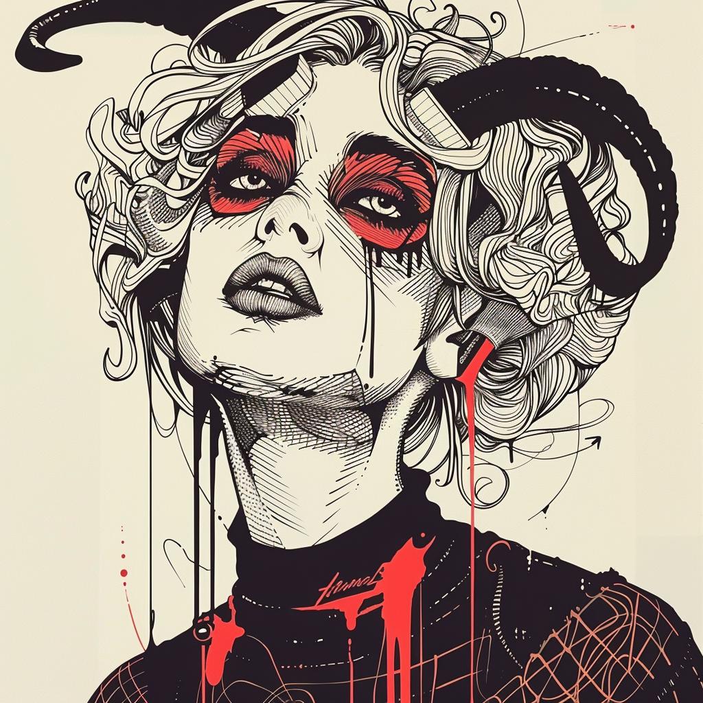 Pop Art  female  demon  four eyes  horns  dripping  eye makeup  Troy Brooks  white background  illustration 939310