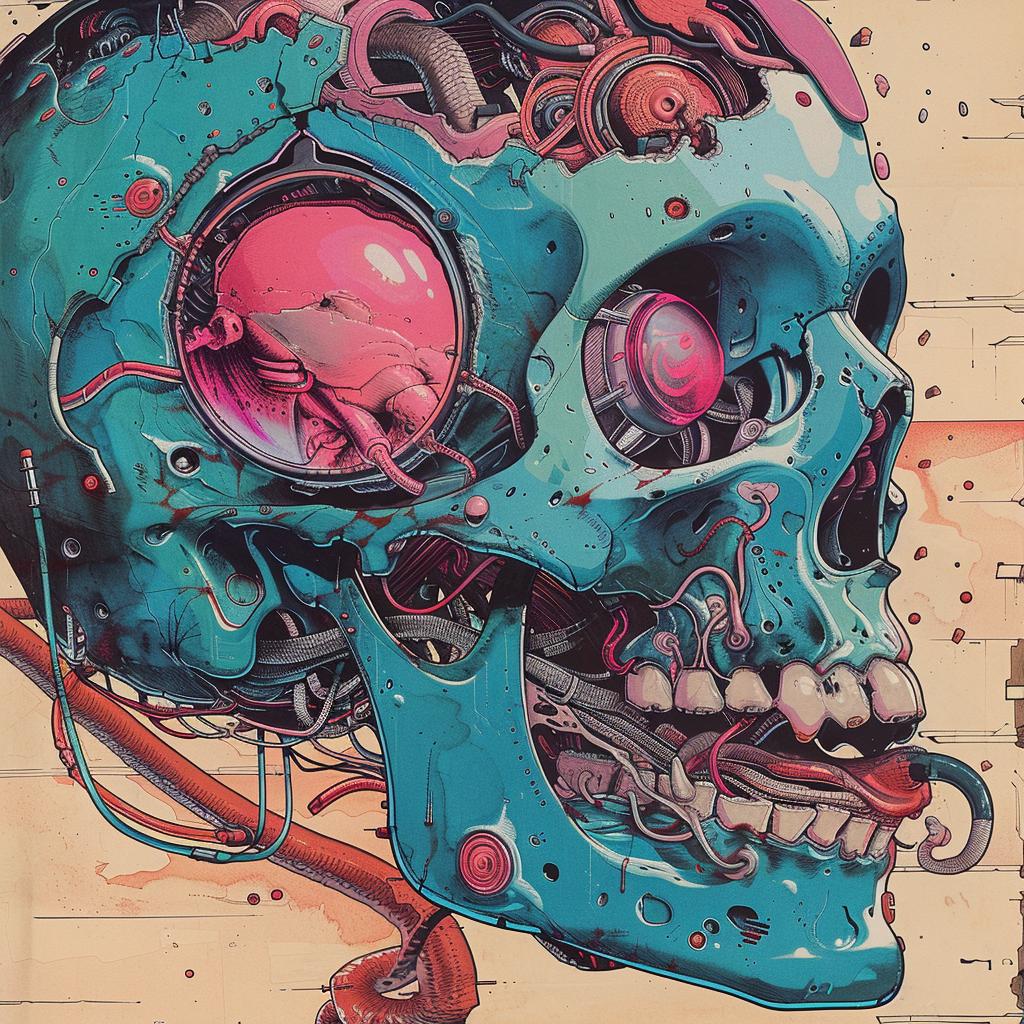 surreal  album  cover  skull  pink  blue  face  hyper-realistic  screenprinting  Nychos 960917