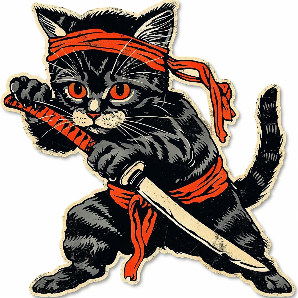 sticker  cat  ninja  knife  tattoo  playful  detailed  whimsical  character  artwork 928011